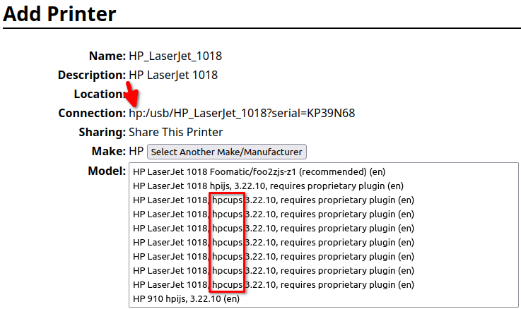 Adding HP LaserJet 1018 printer with hpcups driver